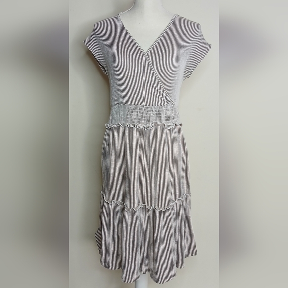 Caution to the Wind Tan and White Stripe V-Neck Smocked Waist Midi Dress - Picture 1 of 7